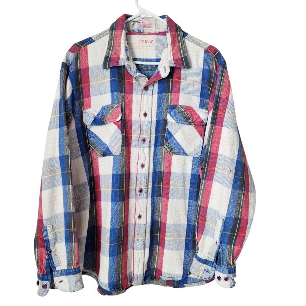 CAMPUS VINTAGE 70's heavyweight cotton button up red white blue thrashed 2x